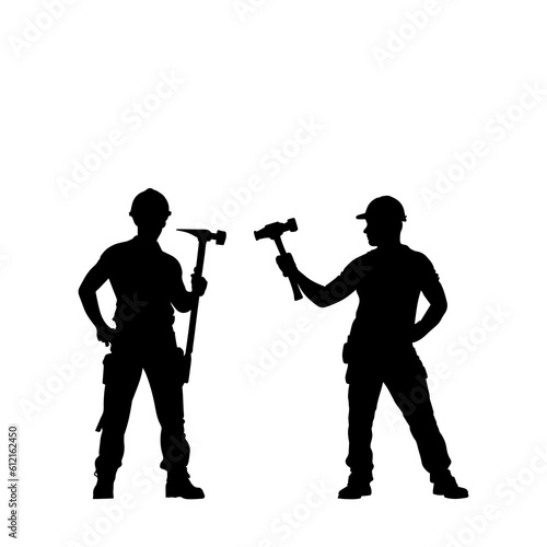 Vector illustration. Silhouette of a builder with a hammer in his hand. Shadow set.