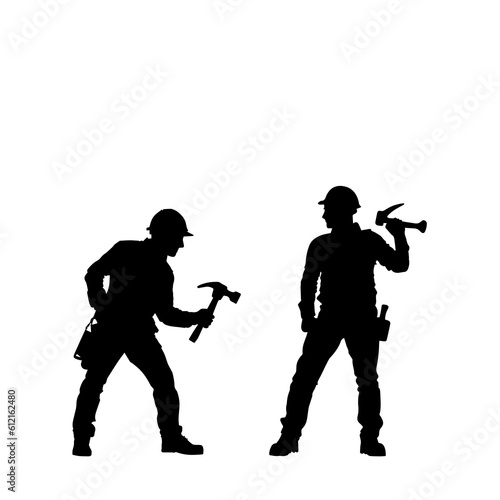 Vector illustration. Silhouette of a builder with a hammer in his hand. Shadow set.