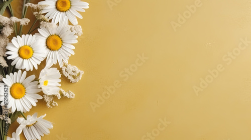 Frame of chamomiles, branches, leaves and lilac petals on white background. Flat lay, top view Generative AI