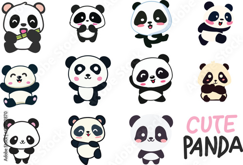 set of cute chibi kawaii panda