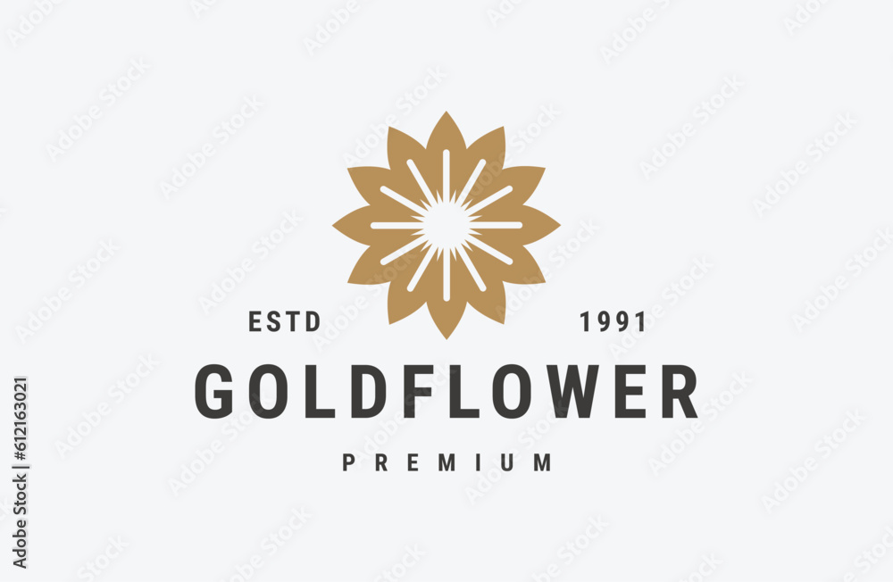 Gold flower logo vector icon illustration hipster vintage retro .