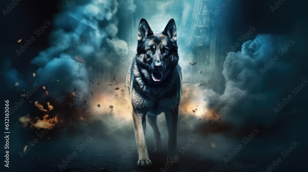 amazing powerful superhero german shepherd dog - obrazy, fototapety, plakaty 