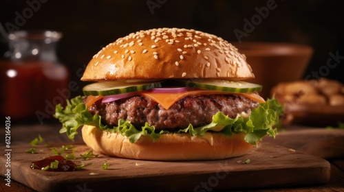 hamburger on a wooden table