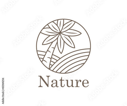Nature landscape logo, palm tree design and fertile fields planted