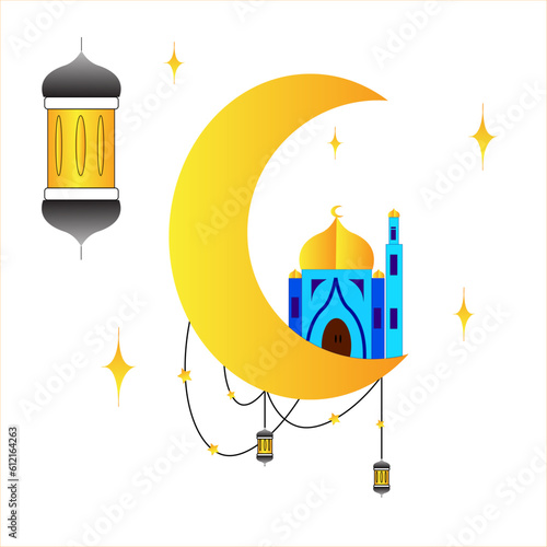 Eid mubarak. Islamic holidays. moon and mosque design with tiny star splashes