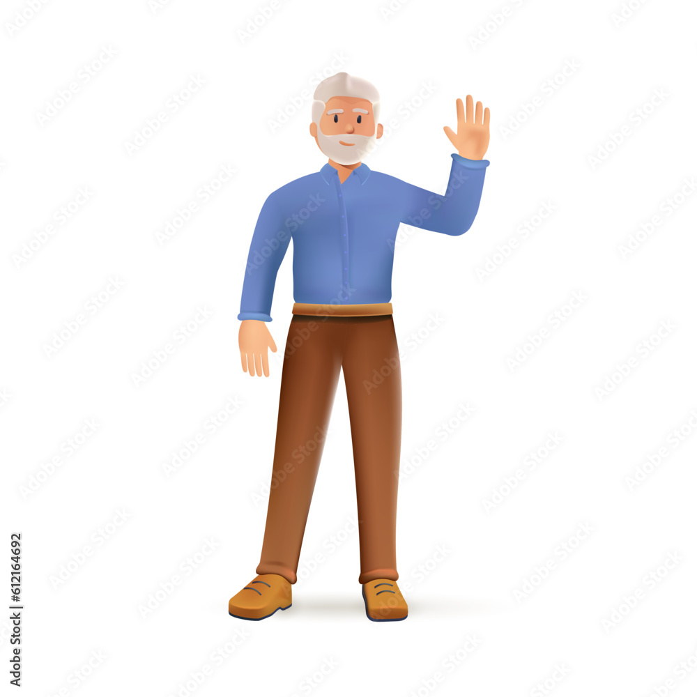 3D senior man. Elderly people character. Happy seniors, old man in full growth. Smiling elderly man with beard with gray hair. 3d vector people character illustration. Cartoon minimal style 3D senior man. Elderly people character. Happy seniors, old man in full growth. Smiling elderly man with beard with gray hair. 3d vector people character illustration. Cartoon minimal style