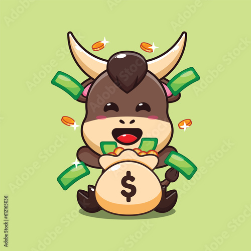bull with money bag cartoon vector illustration.