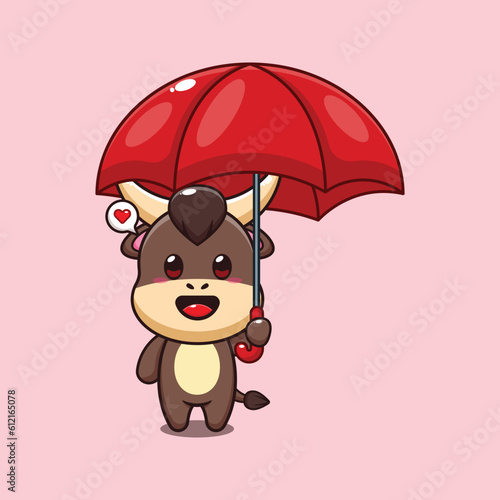 bull holding umbrella cartoon vector illustration.