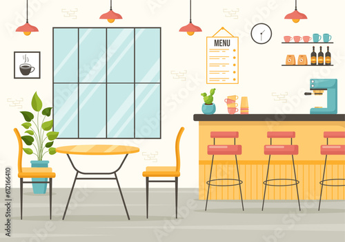 Cafe Vector Illustration of Interior with Bar stand, Table and Armchairs in Flat Cartoon Hand Drawn Landing Page Restaurant Background Templates