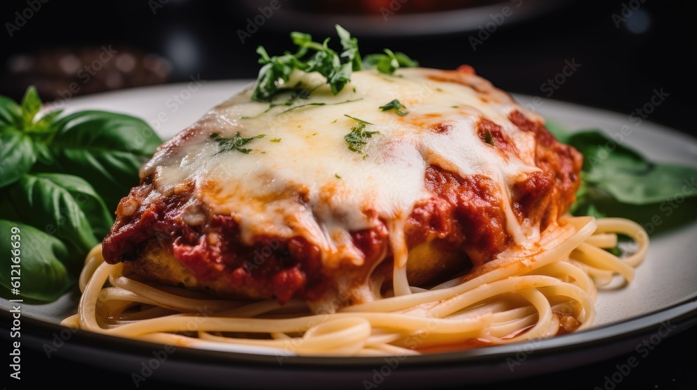 Chicken parmigiana spaghetti with tomato sauce