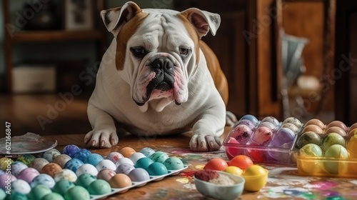 Dog with Paint Stains and Colored Easter Eggs © Stream Skins