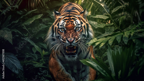 Tiger coming from Tropical leaves. Danger animal generative ai illustration © ardanz