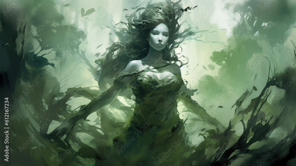 Fototapeta premium Generative AI, A Banshee emerging from a misty forest