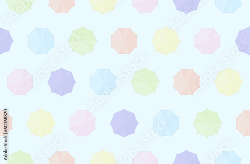 カラフルな傘のシームレスパターン 水色背景