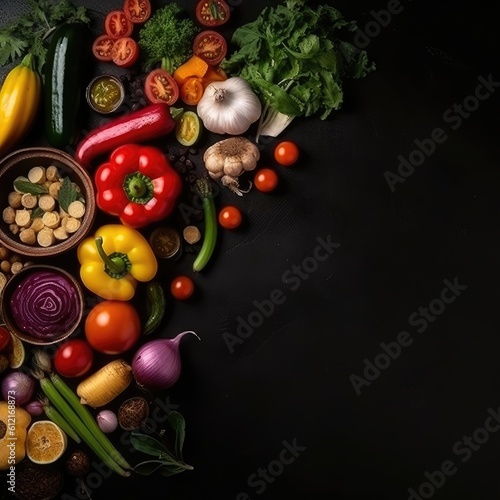 healthy vegetarian food and food on a dark background vegetables on black background