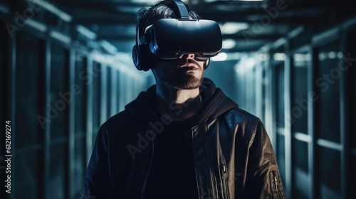 man using virtual reality person in a mask
