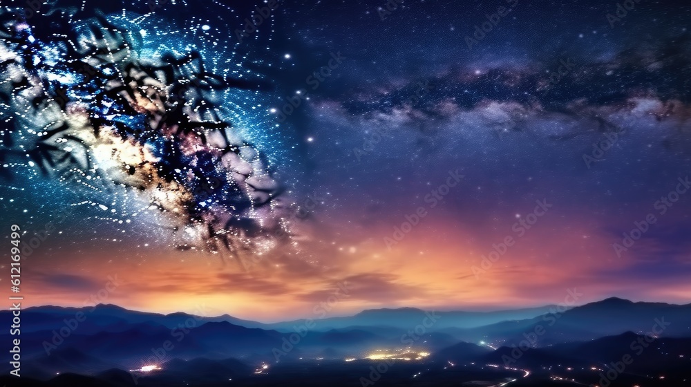 Panorama view universe space shot of milky way galaxy lights in the night sunset in the mountains
