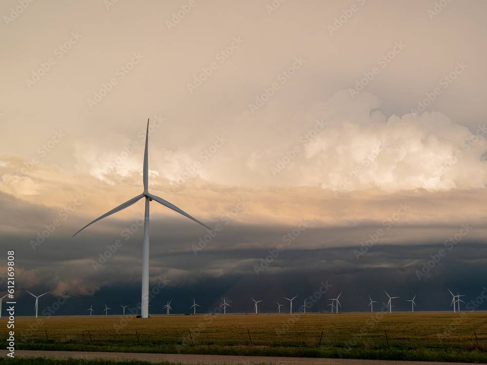 Thunderstorm over the sky in Amarillo country side area with Wind turbines