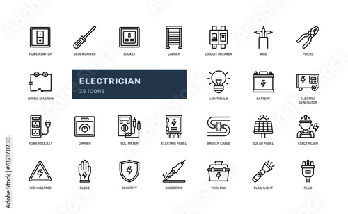 electricity electrician technician electronic voltage power detailed outline line icon set