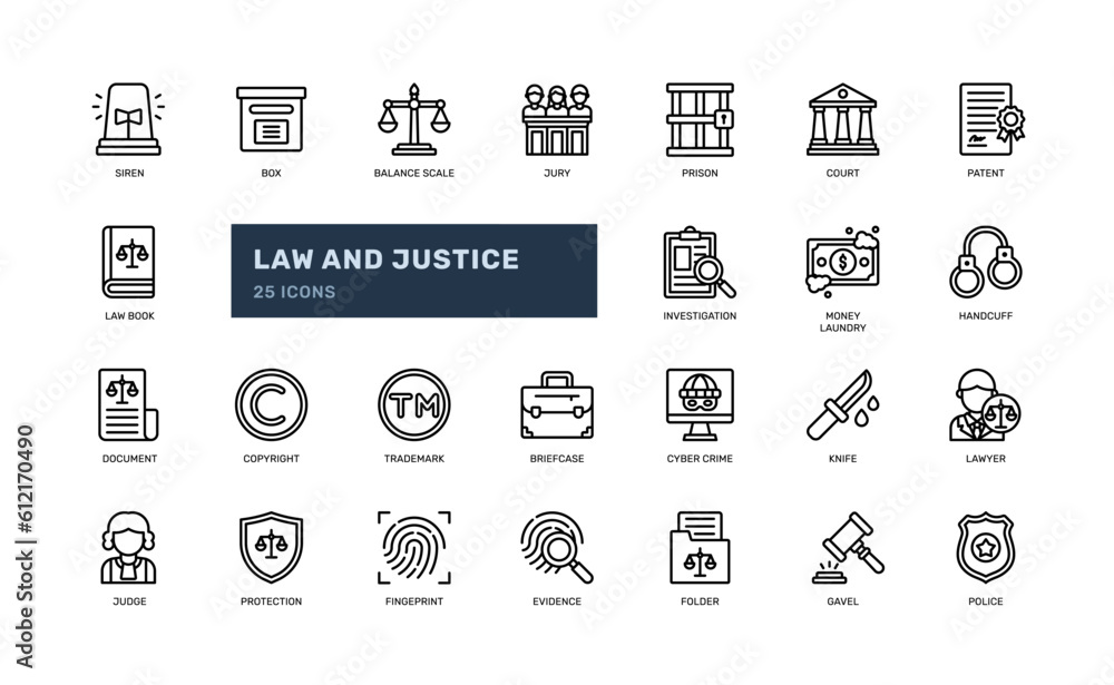 law and justice legal balance scale court police detailed outline line icon set