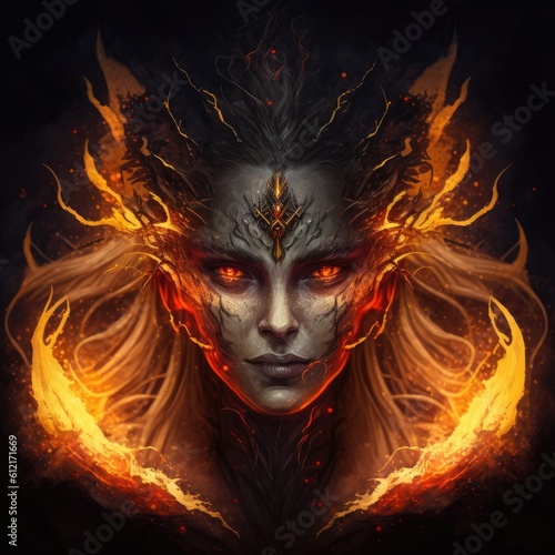 woman in mask creature with bright red eyes surrounded