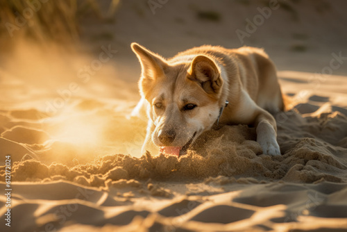 A dog digging a hole in the sand at the beach, illustrating its natural instinct to explore and dig.