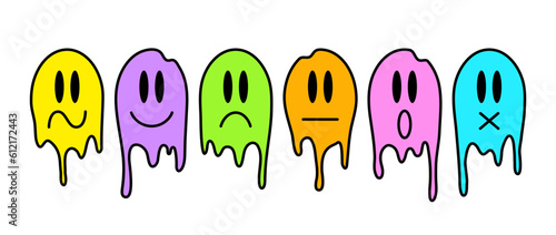 Colorful melt smile faces with different emotions. Cartoon trippy smiley illustrations collection. Design element for prints, posters, stickers. Vector set