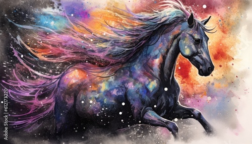 art horse in space . dreamlike background with horse . Hand Drawn Style illustration