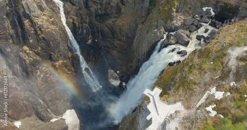 Rainbow reflection in Vøringsfossen mist in steep Norway canyon; drone