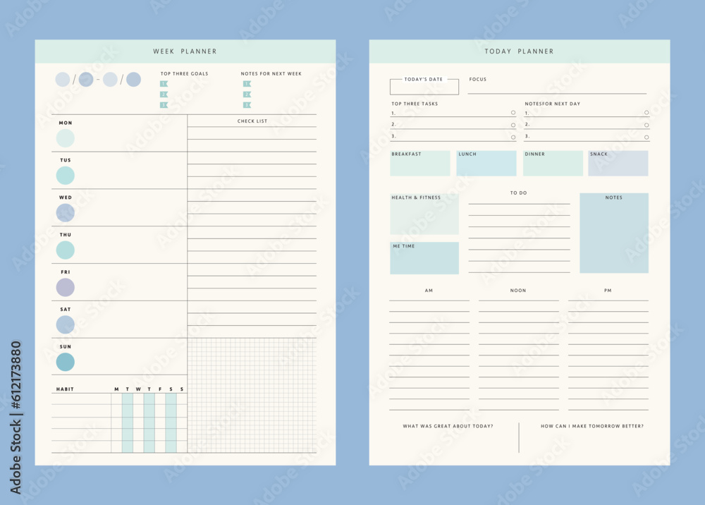 (Ocean) set 2 of Weekly Planner. Business organizer page. Paper sheet. Realistic vector illustration.
