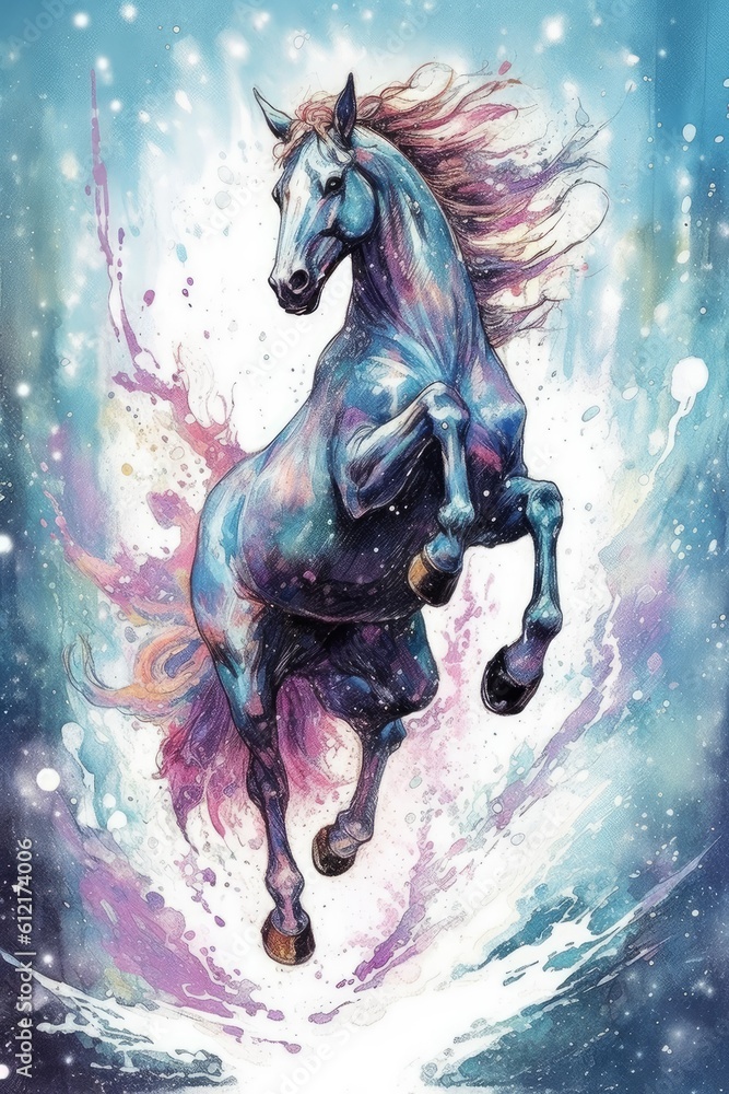 Obraz premium art horse in space . dreamlike background with horse . Hand Drawn Style illustration