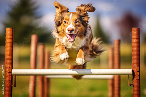 A dog leaping over a hurdle during an agility course, showcasing its training and athleticism.