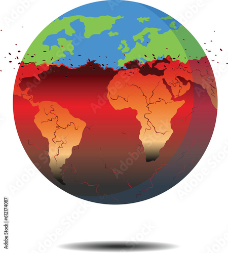 Global Buring, climate change - world illustration, Graphic illustration of a Buring earth. 
