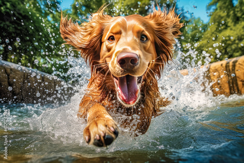 A dog jumping into a pool with water splashing around, showcasing its love for water and swimming. © Suplim