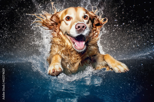 A dog jumping into a pool with water splashing around, showcasing its love for water and swimming.