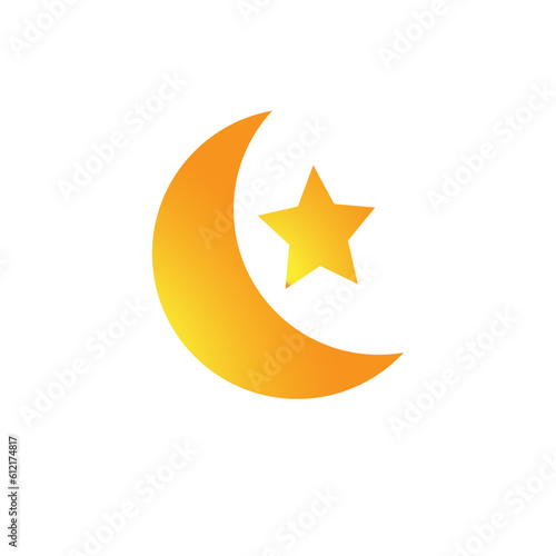Illustration of moon and stars in yellow and orange gradient colors isolated on white background
