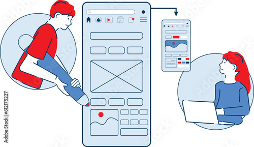 Men and women design mobile ui-ux. vector illustration isolated on white background