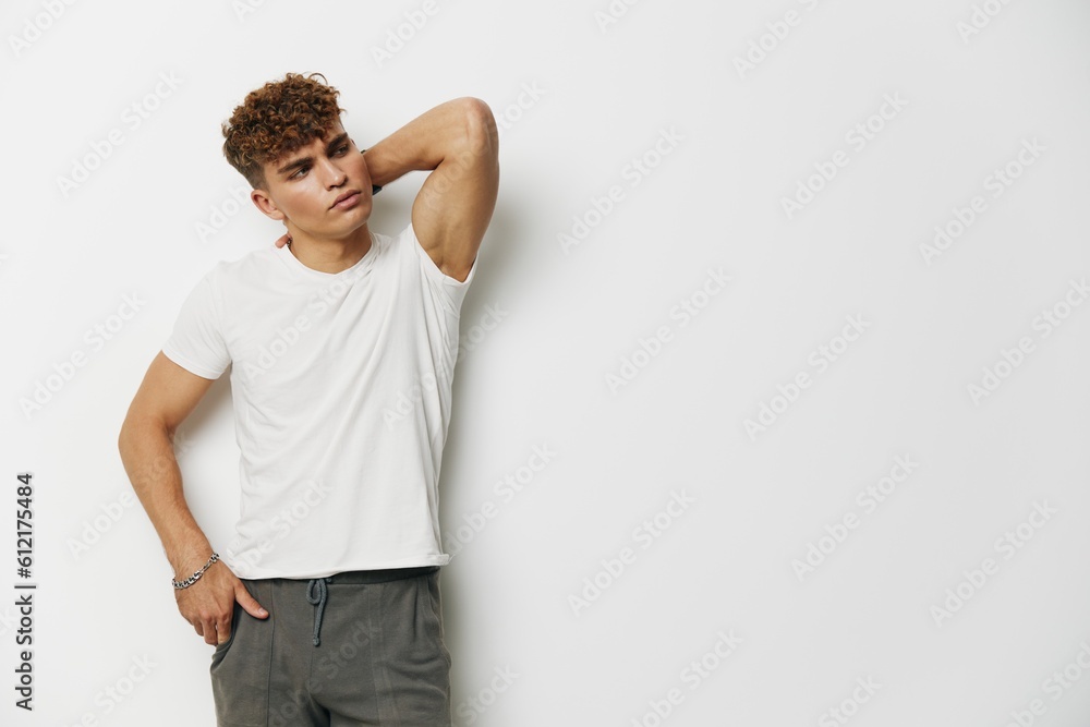 man bodybuilder curly naked smile shirtless white background muscle chest athletic gray man bodybuilder curly naked smile shirtless white background muscle chest athletic gray