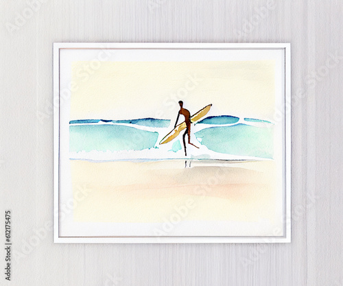 watercolor, surfer on the beach © Michael