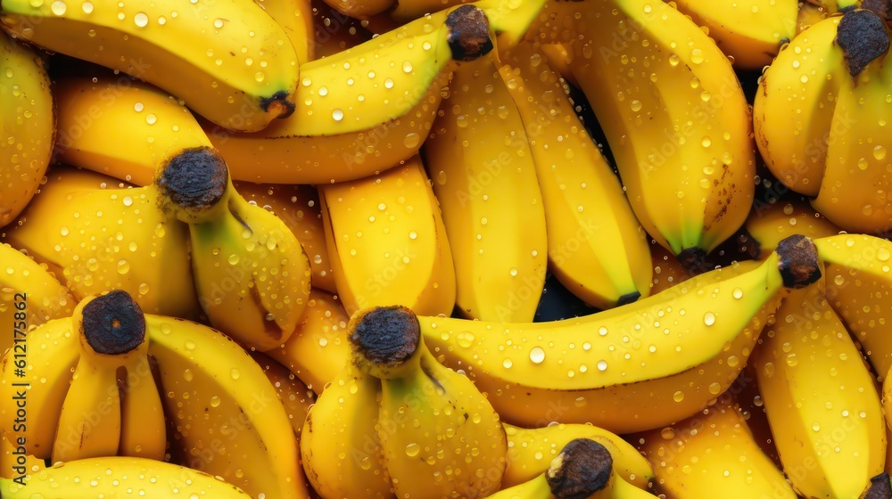 Many fresh banana background adorned with some droplets of water for food magazine photography generative ai