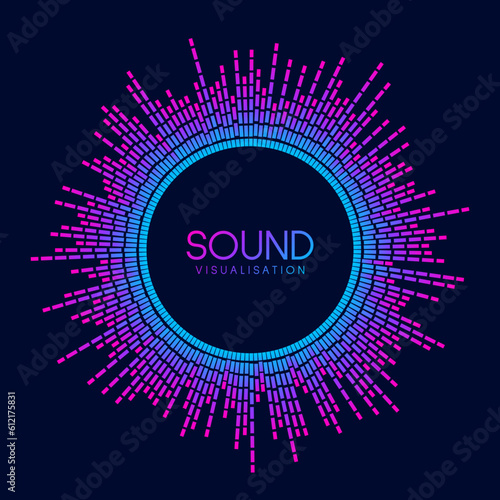 Circle sound wave visualisation. Pixelated music player equalizer. Radial audio signal or vibration element. Voice recognition. Epicenter, target, radar, radio icon concept on dark background. Vector
