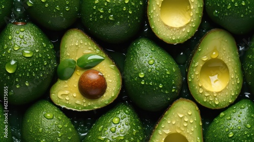 Many fresh avocado background adorned with some droplets of water for food magazine photography generative ai