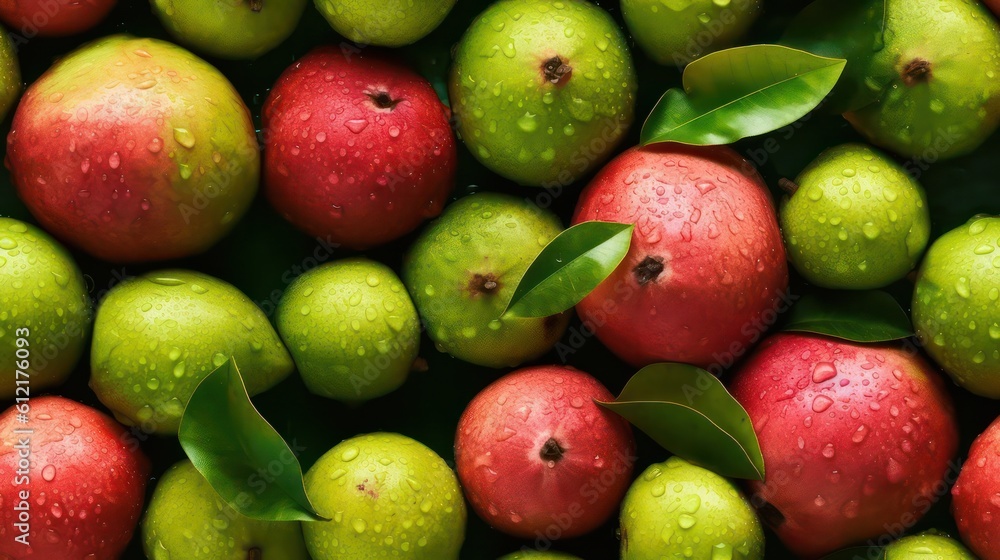  Many fresh guava background adorned with some droplets of water for food magazine photography generative ai