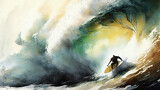 surfing 100-foot wave, watercolor