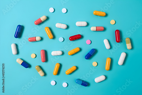  Creative layout made of colorful pills and capsules on blue background. Minimal medicine concept. Medicines, covid-19 or coronavirus. Lay flat, top.. 