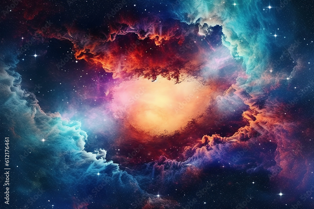 Beautiful Colorful Starry Galaxy Sky with Nebula Clouds Forming a Hole on Outer Space Background