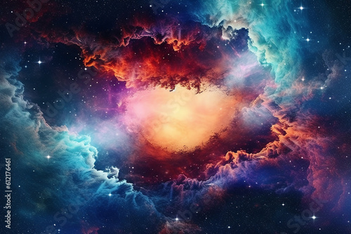 Beautiful Colorful Starry Galaxy Sky with Nebula Clouds Forming a Hole on Outer Space Background