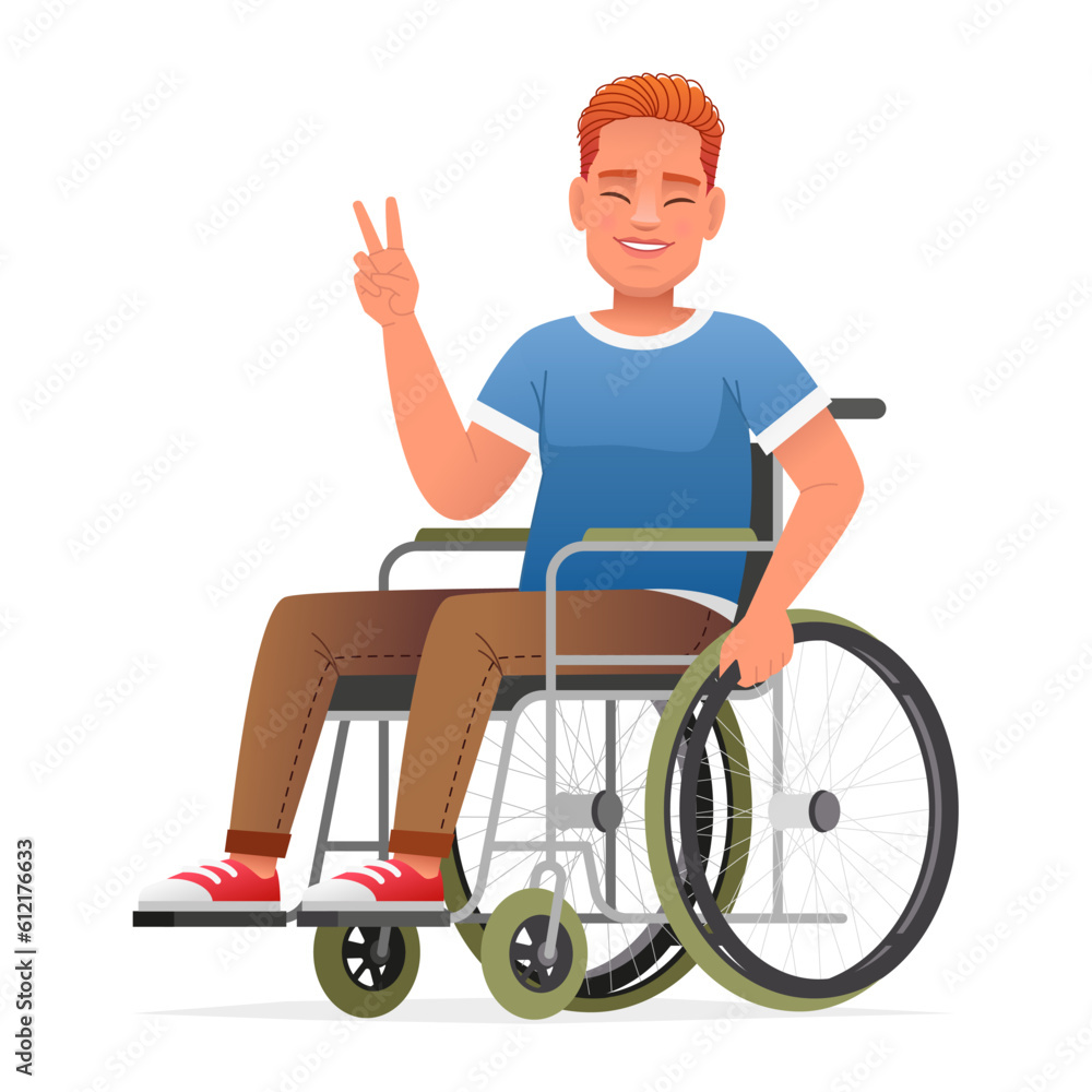 Smiling disabled person in a wheelchair. A man sits in a wheelchair and calls for a sign of victory and peace. Smiling disabled person in a wheelchair. A man sits in a wheelchair and calls for a sign of victory and peace.