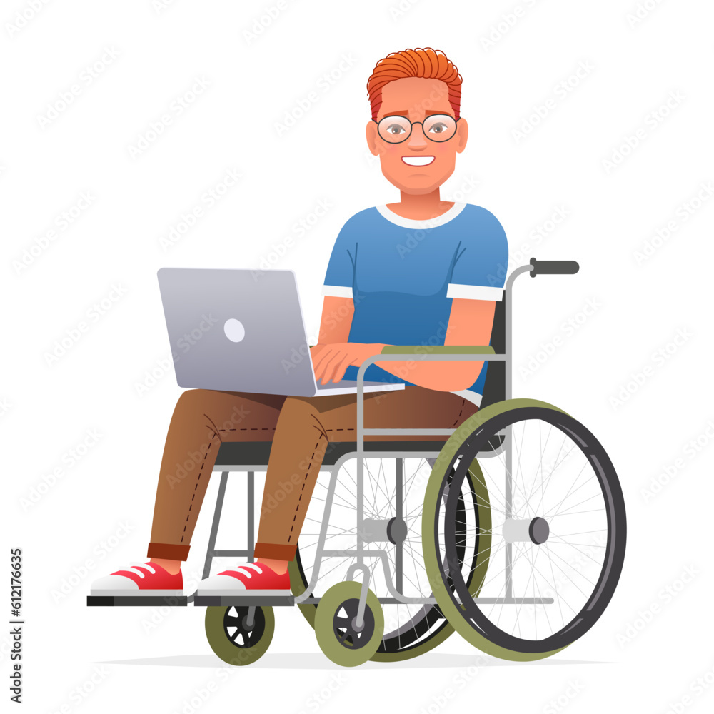 Happy disabled person in glasses works at a laptop. A man is sitting in a wheelchair. Vector illustration Happy disabled person in glasses works at a laptop. A man is sitting in a wheelchair. Vector illustration