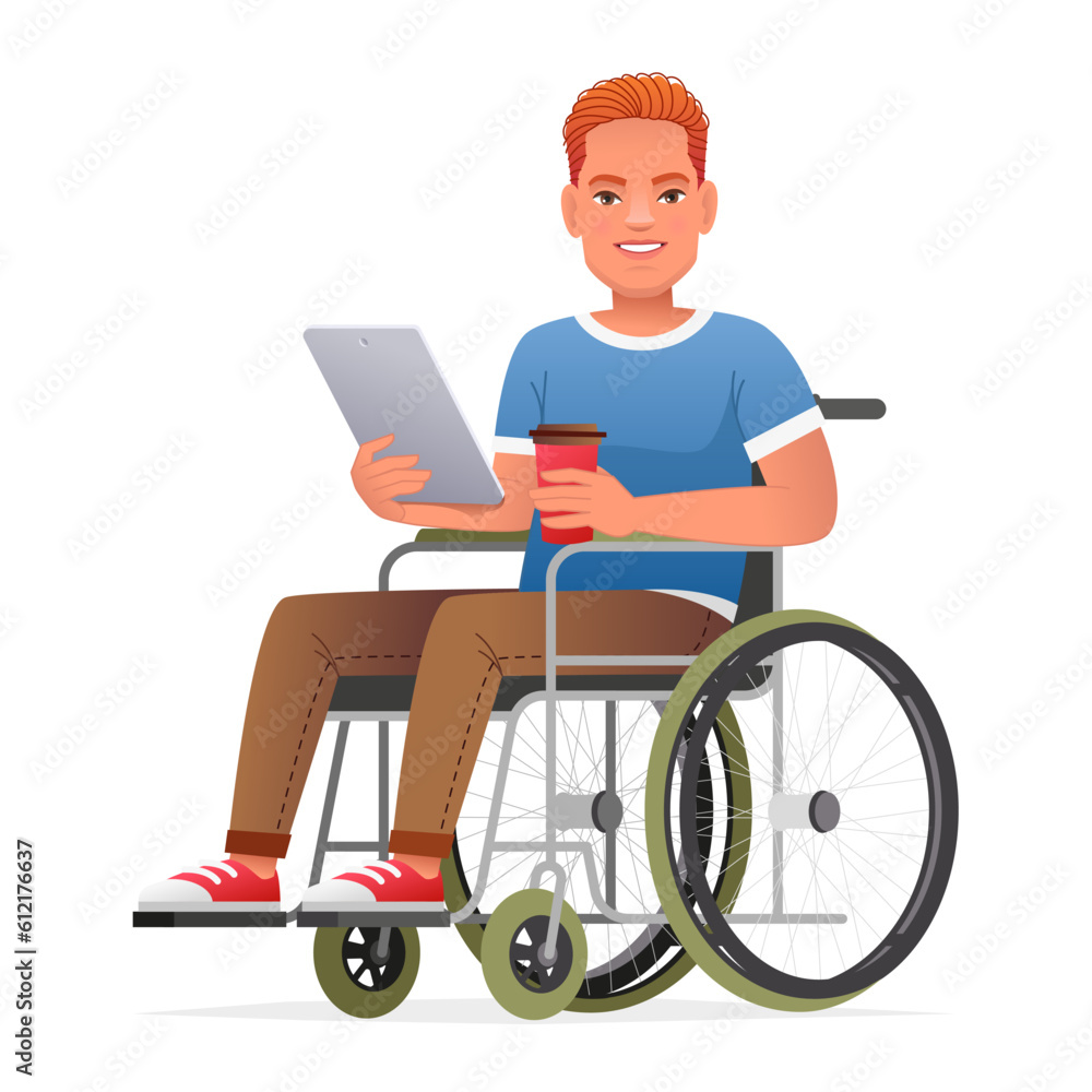 Disabled man in a wheelchair holds a tablet and a glass of coffee. A man sits in a wheelchair and works on a tablet. Disabled man in a wheelchair holds a tablet and a glass of coffee. A man sits in a wheelchair and works on a tablet.